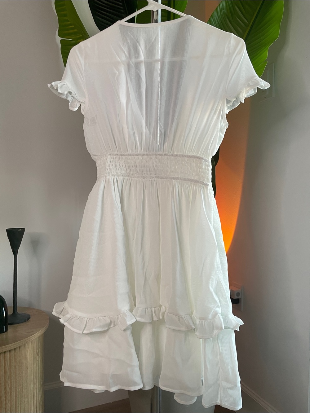 Women’s White Ruffle-Sleeve Smocked Waist Dress